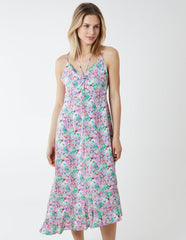 Twist Front Floral Print Midi Dress