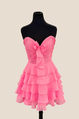 Strapless Green Chiffon Bow Ruffle Short Dress