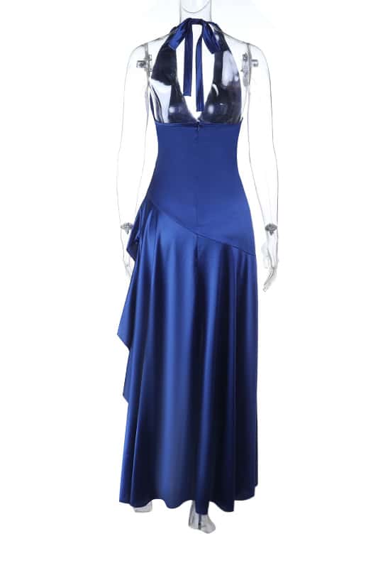 Halter Navy Blue Satin Frill Long Dress