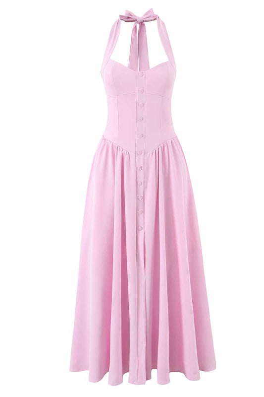 Halter Pink Midi Dress with Buttons