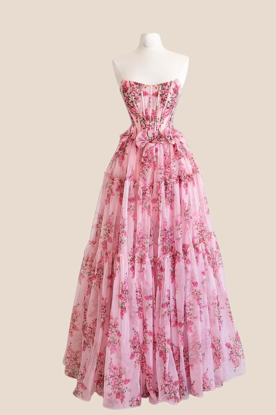 Strapless Floral Pink A-line Gown with Bows