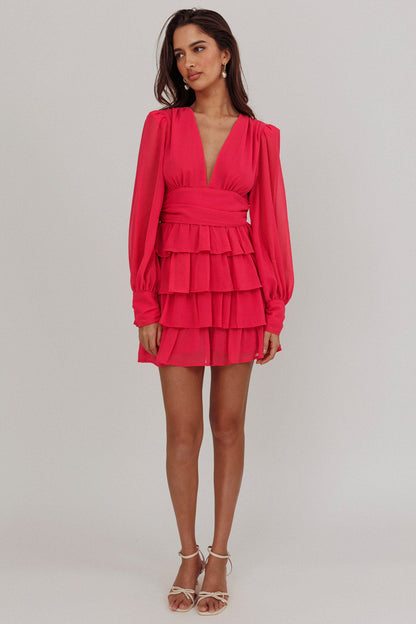 Dalisa Long Sleeve Ruffle Mini Dress Fuchsia