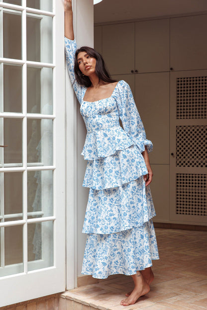 Provence Bloom Long Sleeve Maxi Dress Floral Blue