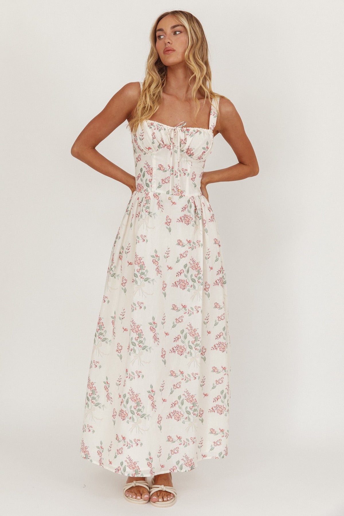 Seen The Light Tie Bust Maxi Dress Floral Cream/Pink