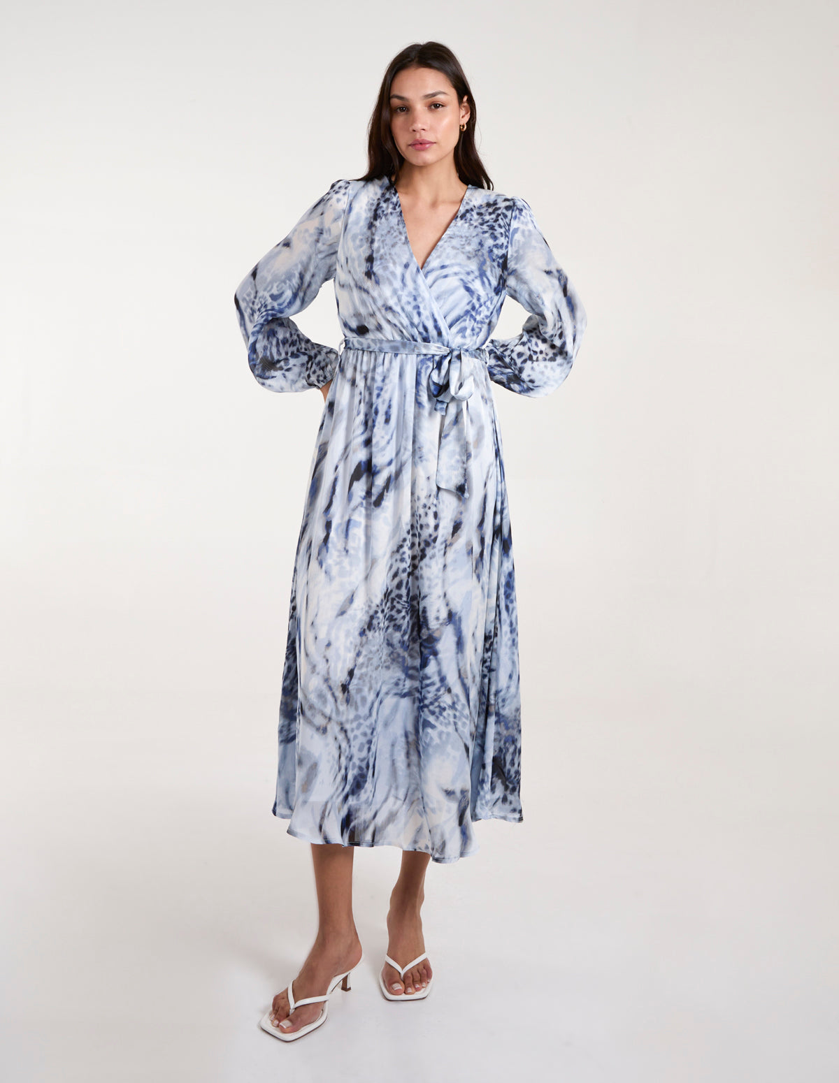 Watercolour Wrap Front Belted Midi Dress