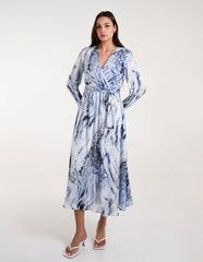 Watercolour Wrap Front Belted Midi Dress