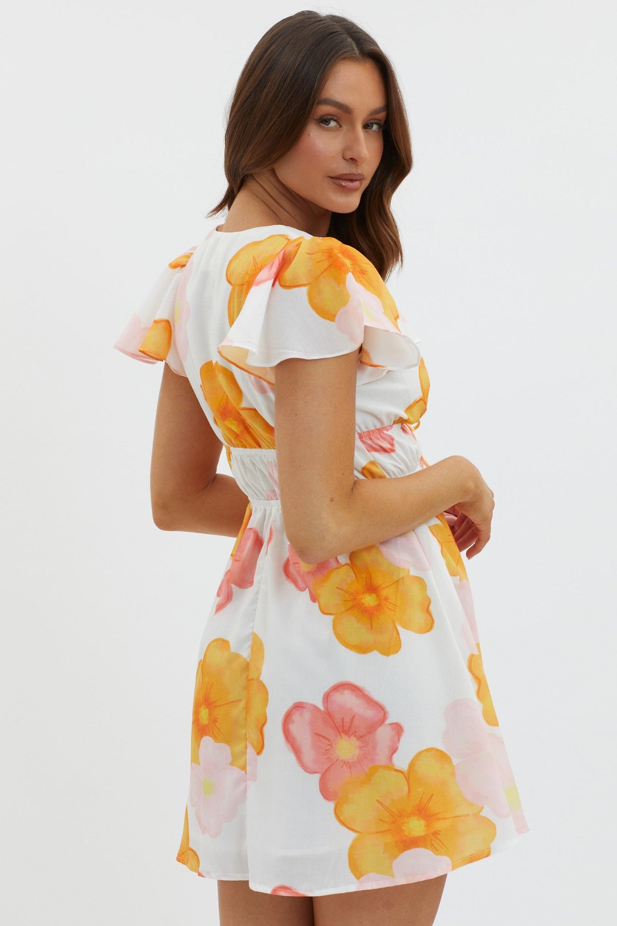 Carnivale Angel Sleeve Mini Dress Floral Orange