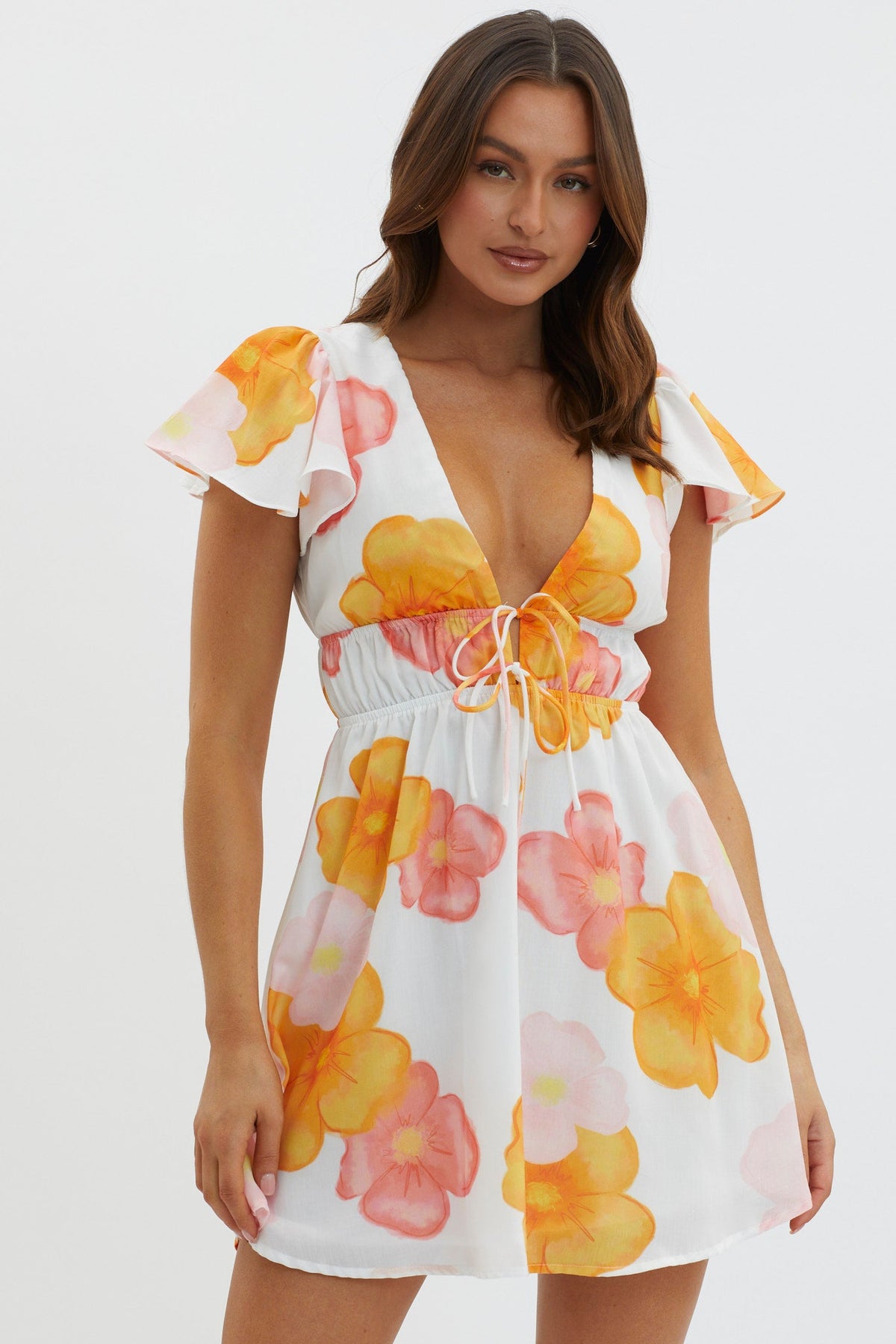 Carnivale Angel Sleeve Mini Dress Floral Orange