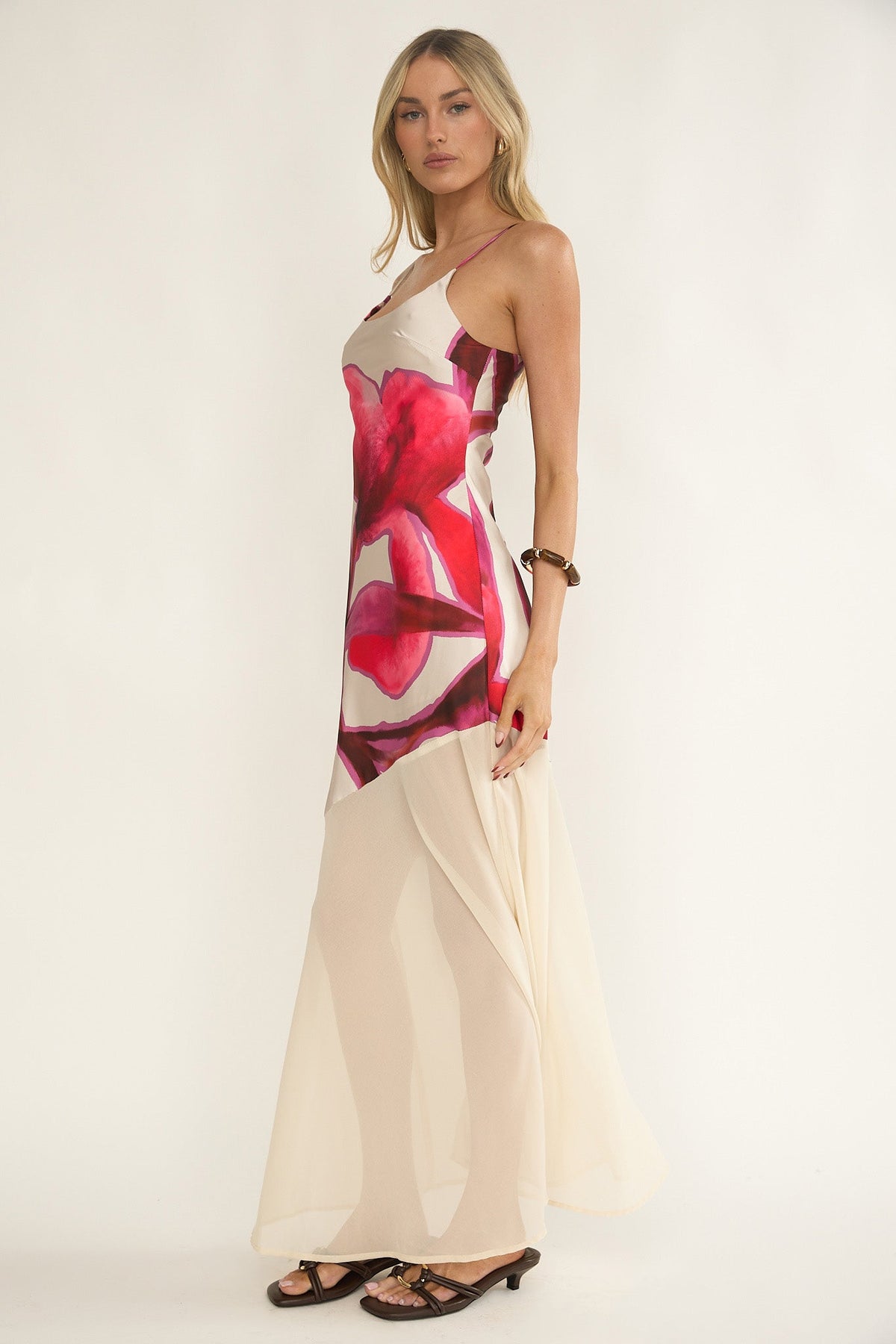 Gilded Dream Chiffon Hem Maxi Dress Print Beige