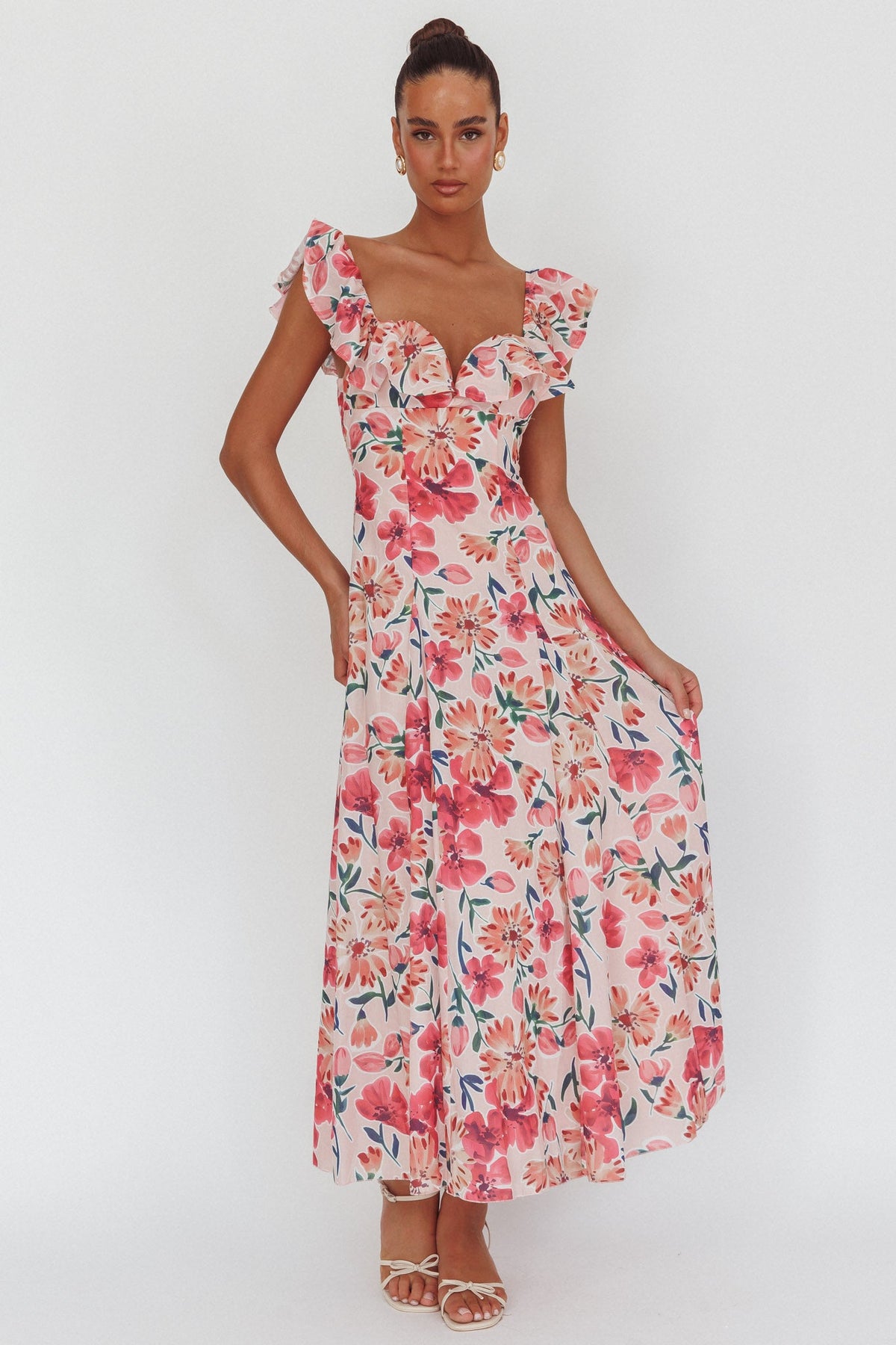 Palms Ruffle Sleeve Tied Back Maxi Dress Floral Pink