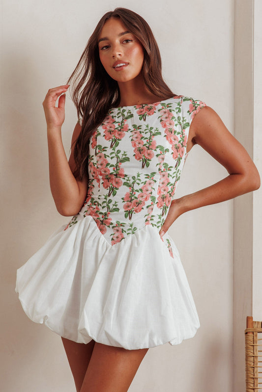 Gracelina Cap Sleeve Bubble Hem Mini Dress Floral Pink