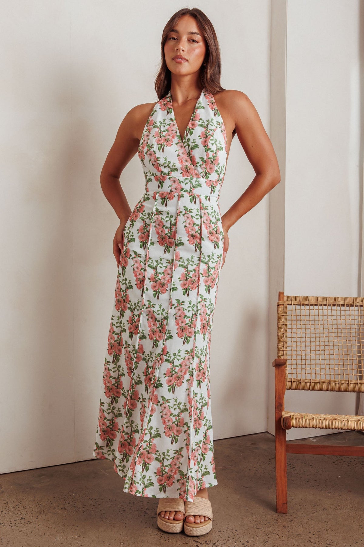 Love Bomb Pintuck Pleat Halterneck Maxi Dress Floral Pink