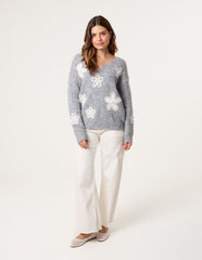 V Neck Flower And Pearl Jumper