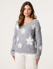V Neck Flower And Pearl Jumper