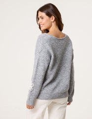V Neck Flower And Pearl Jumper