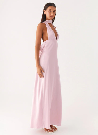 Alicia Satin Halter Maxi Dress - Baby Pink
