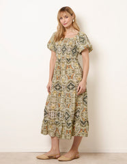 Abstract Print Puff Sleeve Midi Dress