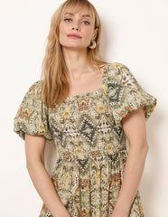 Abstract Print Puff Sleeve Midi Dress