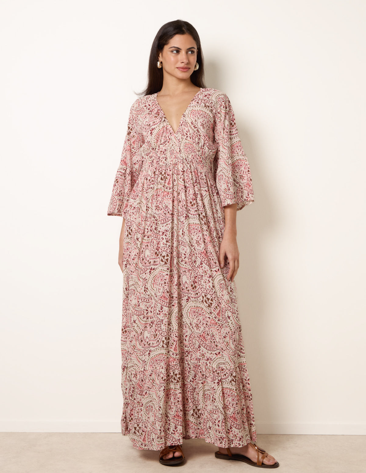 Printed Shirred Waist V Neck Maxi Dress