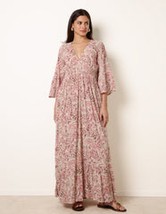 Printed Shirred Waist V Neck Maxi Dress