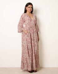 Printed Shirred Waist V Neck Maxi Dress