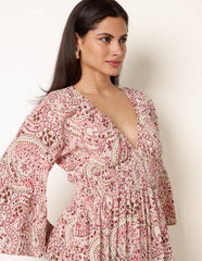 Printed Shirred Waist V Neck Maxi Dress