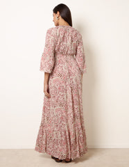 Printed Shirred Waist V Neck Maxi Dress