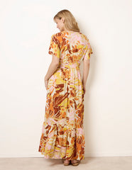 Tropical V Front Shirred Waist Maxi Dress