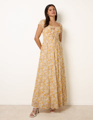 Double Front Tie Shirred Ditsy Floral Maxi Dress