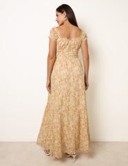 Double Front Tie Shirred Ditsy Floral Maxi Dress