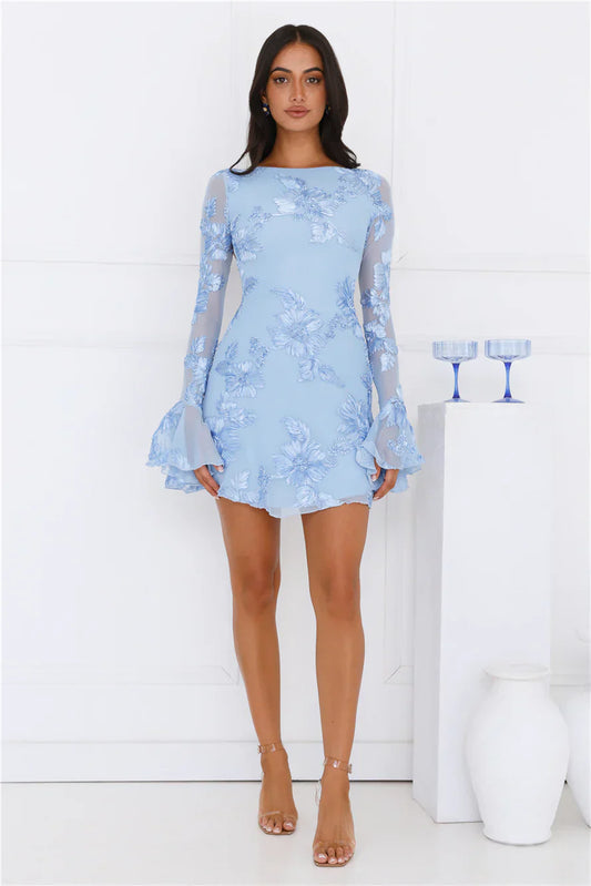 Elodie Long Sleeve Mesh Mini Dress Blue
