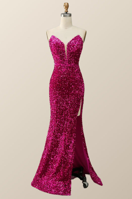 Strapless Fuchsia Sequin Mermaid Long Formal Dress