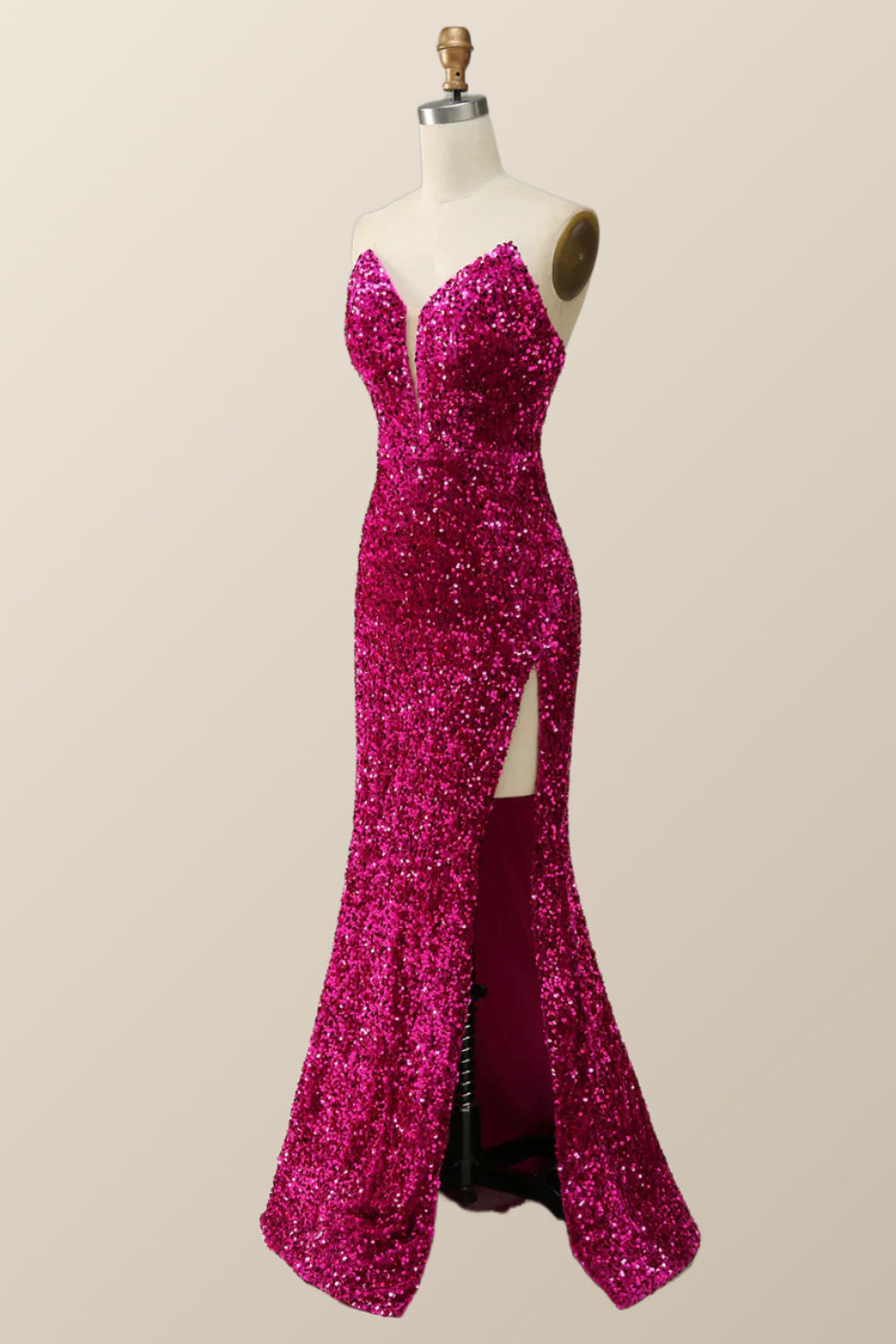 Strapless Fuchsia Sequin Mermaid Long Formal Dress