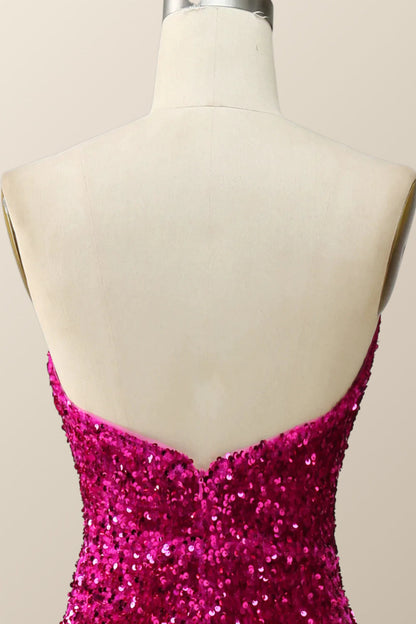 Strapless Fuchsia Sequin Mermaid Long Formal Dress
