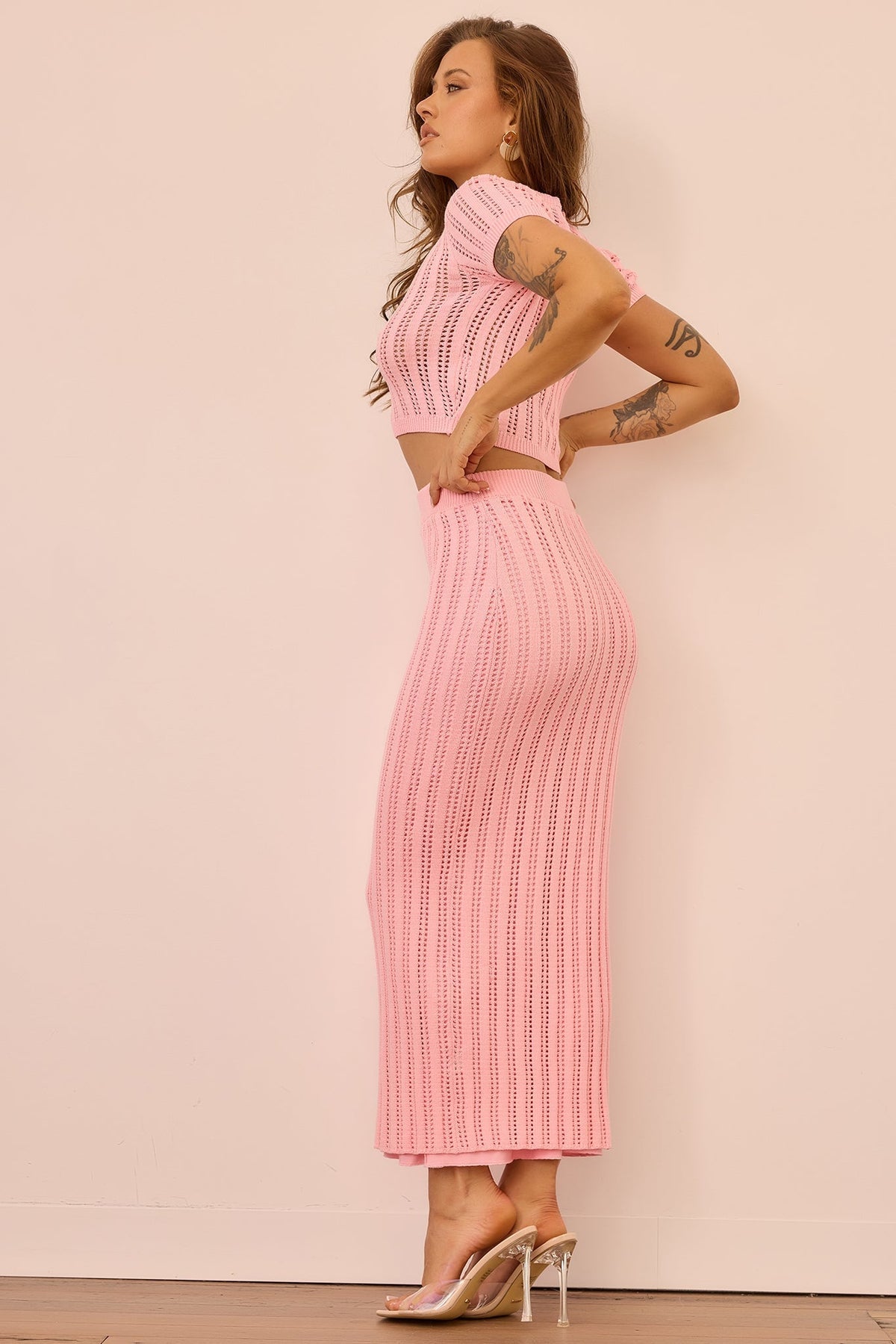 Night Breeze Knit Midi Skirt - Pink