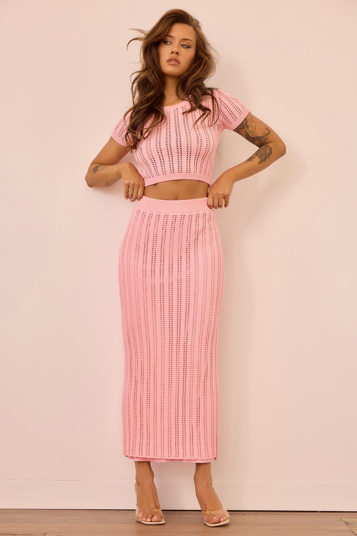 Night Breeze Knit Midi Skirt - Pink