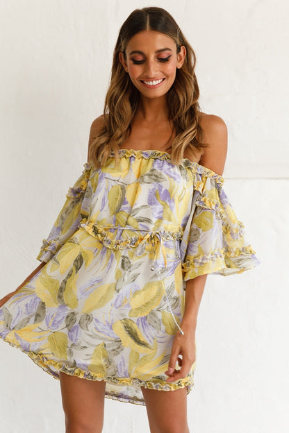 Adriel Off-Shoulder Frill Detail Dress Leaf Print White/Yellow