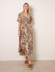 Printed Drawstring Waist Midi Dress