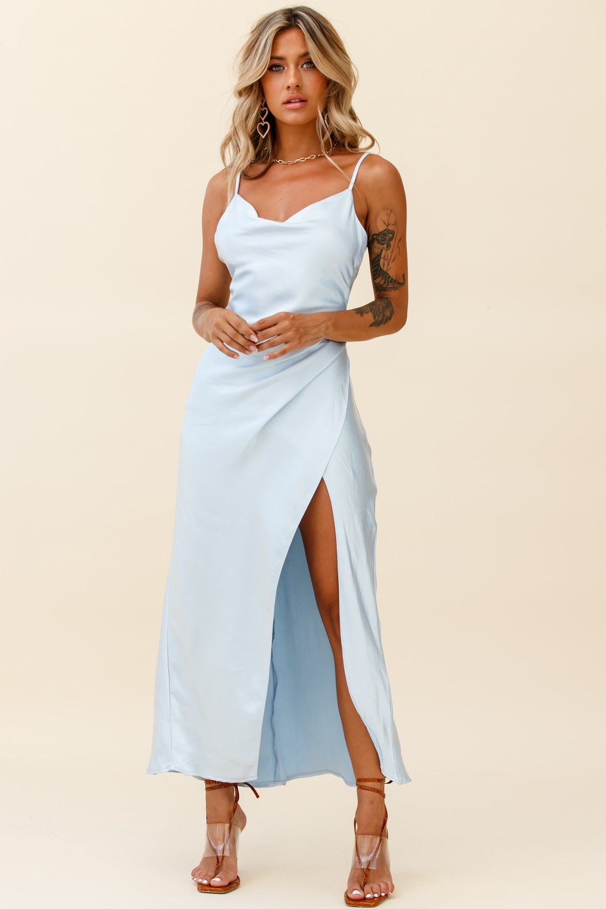 Hey Girl Long Satin Cowl Neck Dress Steel Blue